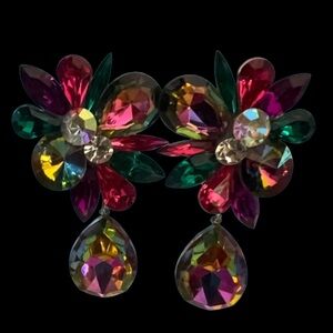 Multi Colored Rhinestone Drop Crystal Cluster Clip On Pageant Earrings